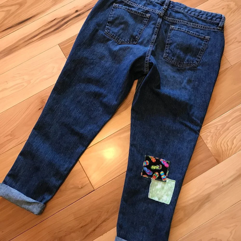 Patchwork Denim Capri Pants, Upcycled Gap Summer Patch Cropped Jeans 30 Waist